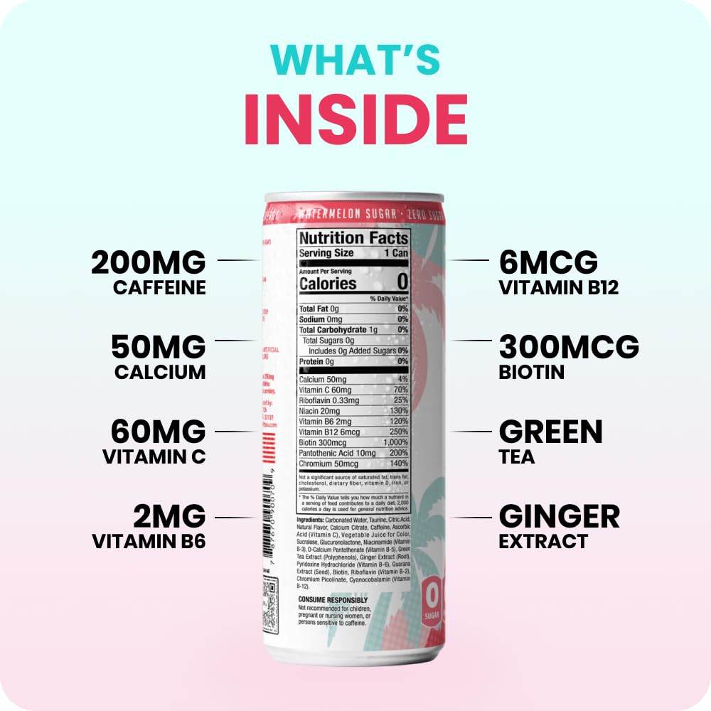 FitTea Healthy Energy Drink 12 Fl Oz - Watermelon Sugar Sparkling Refresher (12 Pack) Zero Calories Natural Green Tea Energy Drinks Sugar Free