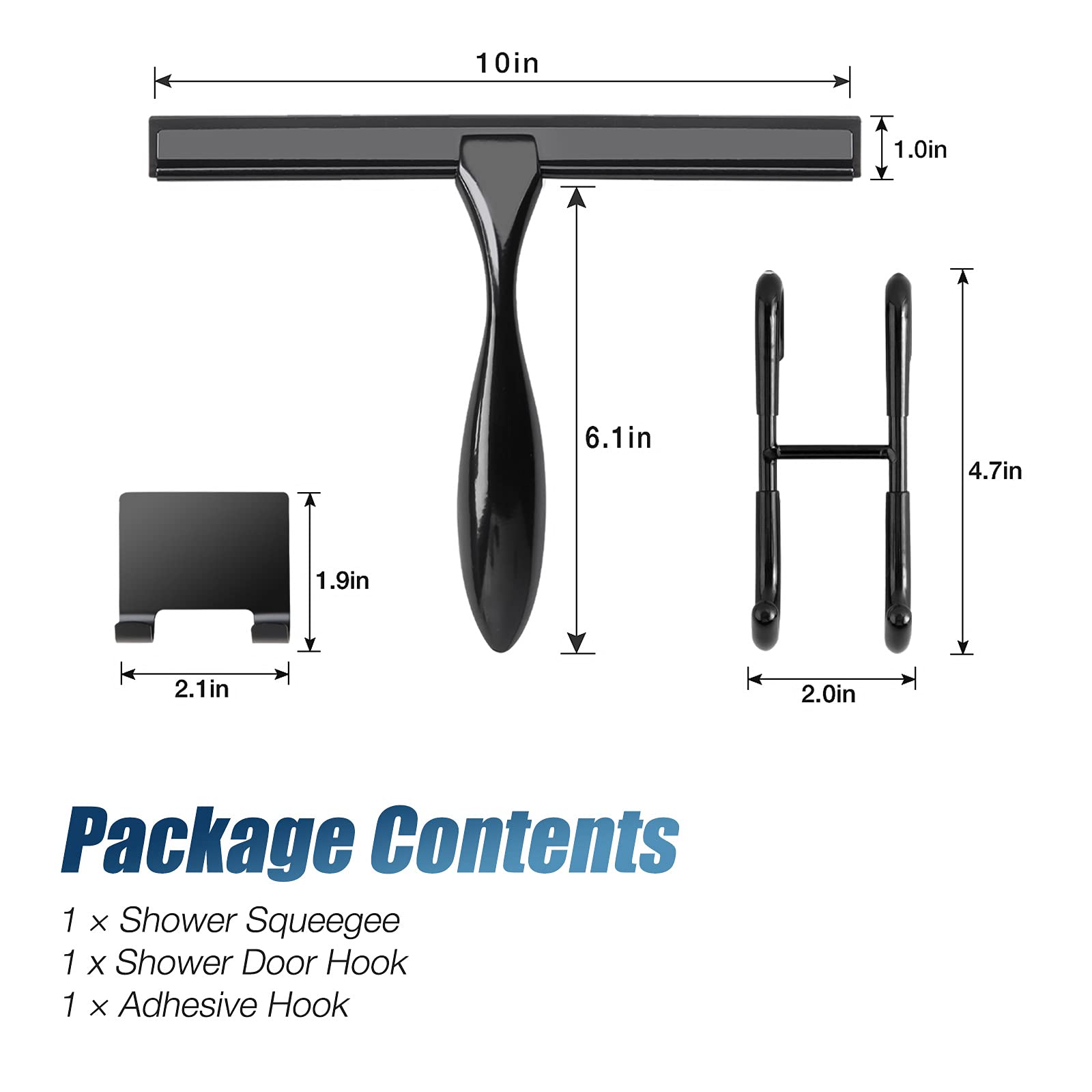Simtive 10-Inch Shower Squeegee Set, Includes Shower Door Hook and Adhesive Hook, Squeegee for Shower Doors, Mirror and Window, Black
