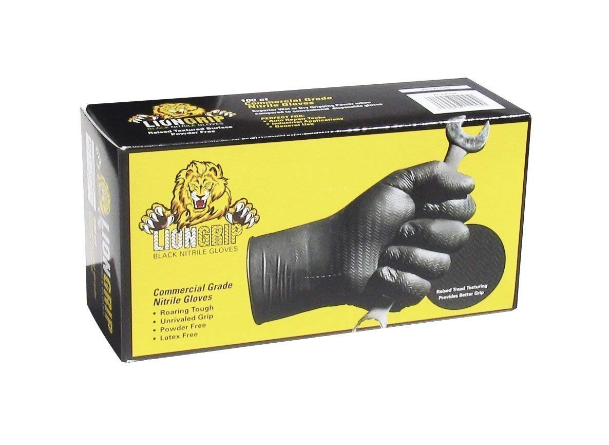Lion Grip Nitrile Gloves - Black Tread Texture - 7mil - 1 Box (100 Gloves) (Large)