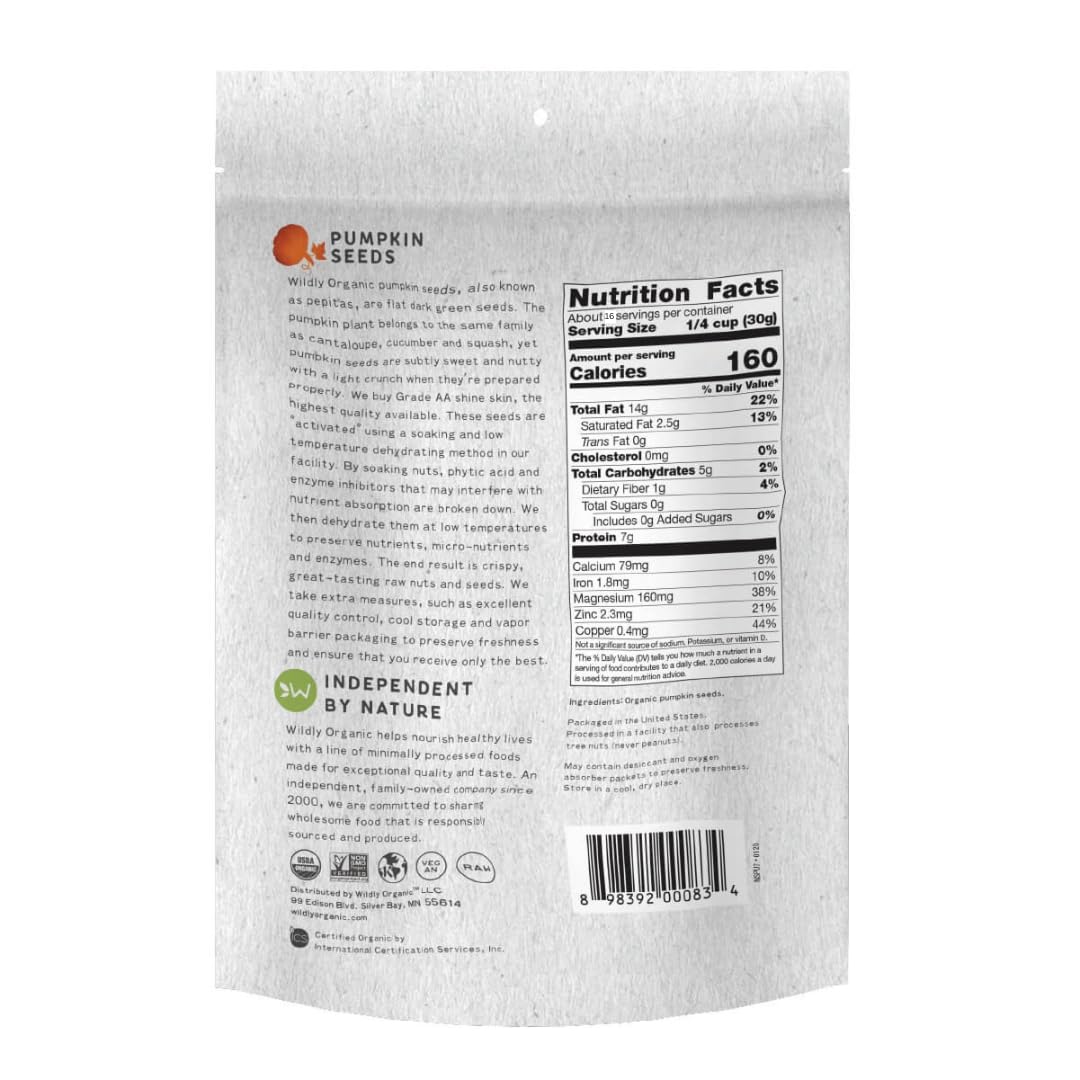 Wildly Organic Raw Pumpkin Seeds 16 Oz, 1lb Resealable Bag - Organic, Unsalted, Non-GMO, Vegan, Keto-Friendly, Plant-Based, Clean Eating Snack