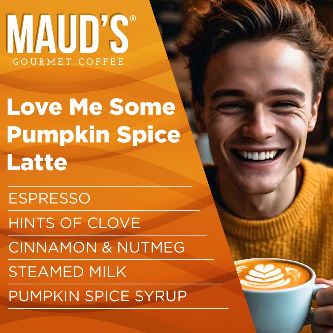Maud's Pumpkin Spice Latte Flavored Coffee Pods, 18 ct, Medium Roast Flavored Coffee in Single Serve Pods - 100% Arabica Beans, Compatible with Keurig