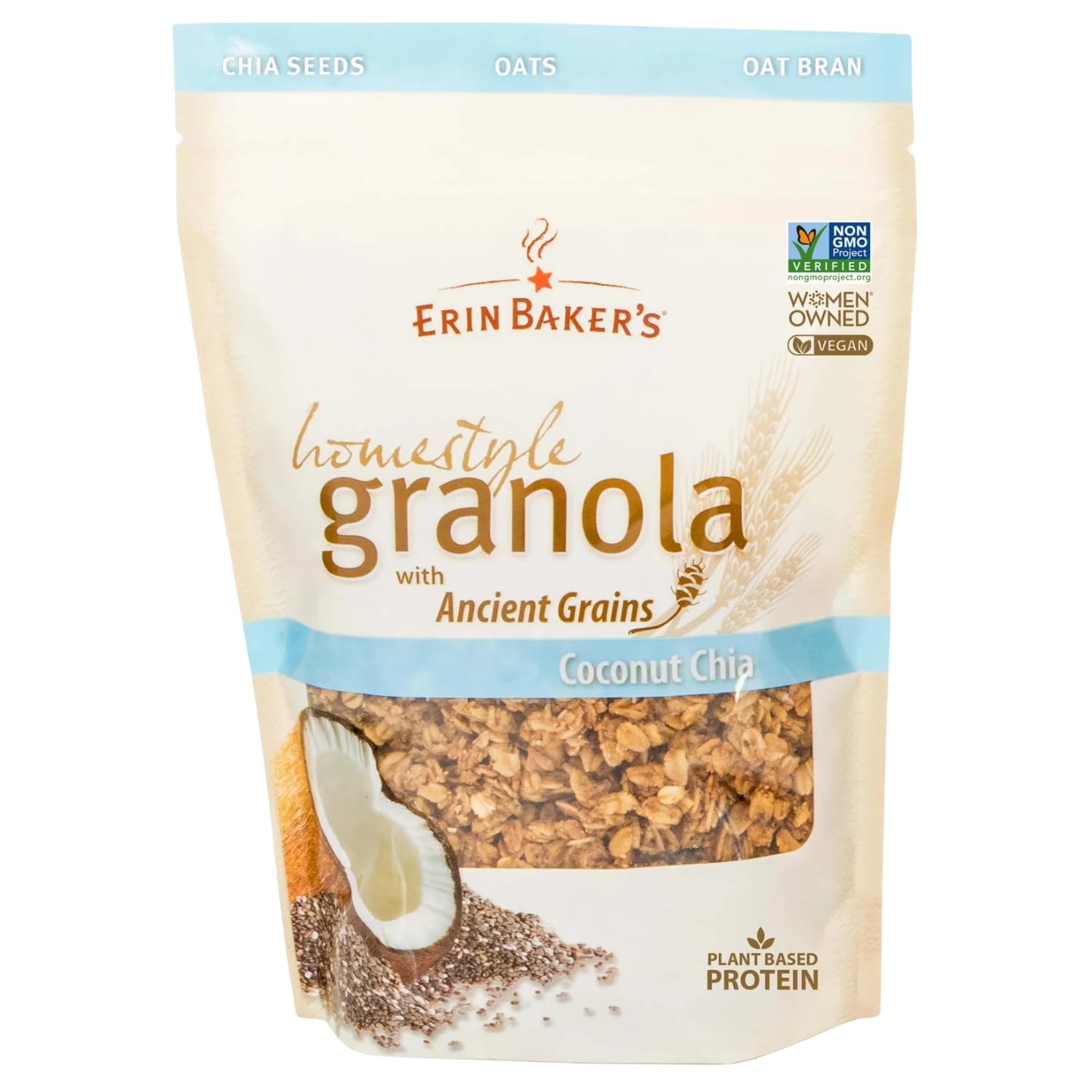 Erin Baker’s Homestyle Coconut Chia Granola with Ancient Grains - Made from Natural Ingredients, Crunchy Texture, Versatile Snack or Cereal - Vegan