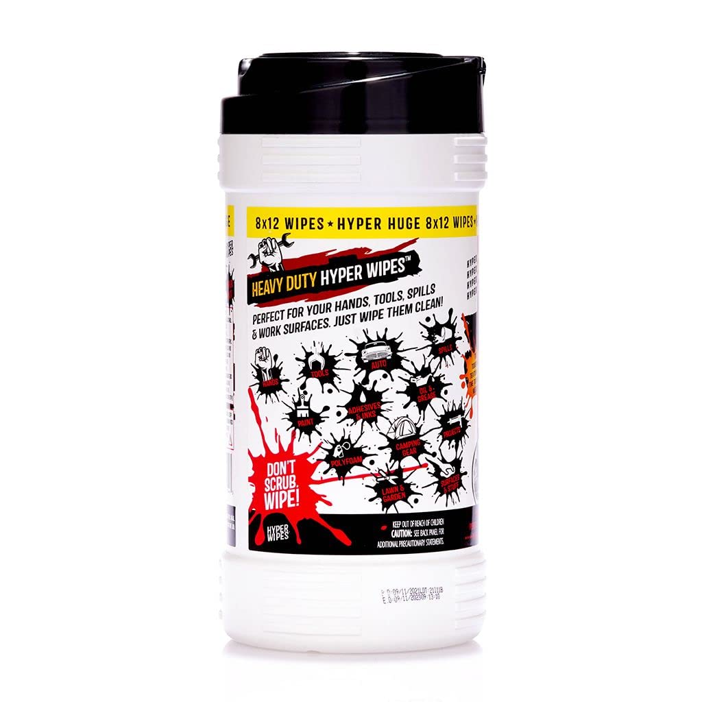 Hyper Wipes, 6 Pack Heavy Duty Hand & Tool Cleaning Wipes, 8"x12" Size Multi-Surface Cleaning Wipes, Degreasing, All Purpose Cleaner, Bathroom