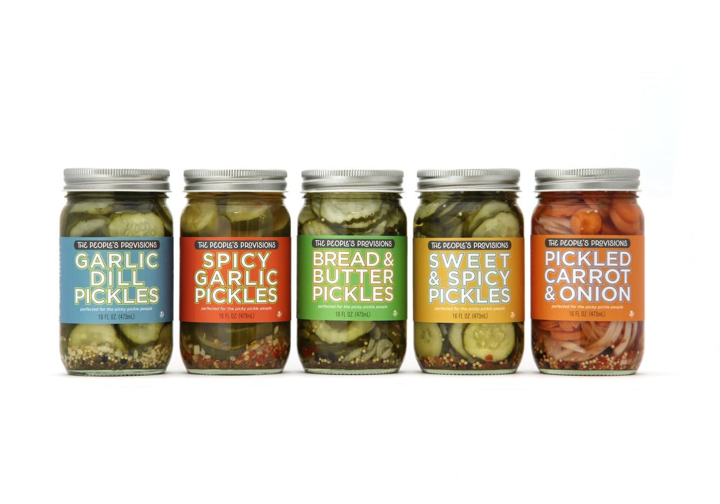 The People's Provisions - All Things Pickled - Garlic Dill, Spicy Garlic, Bread & Butter, Sweet & Spicy, and Pickled Carrots in one gift pack (5 jars)