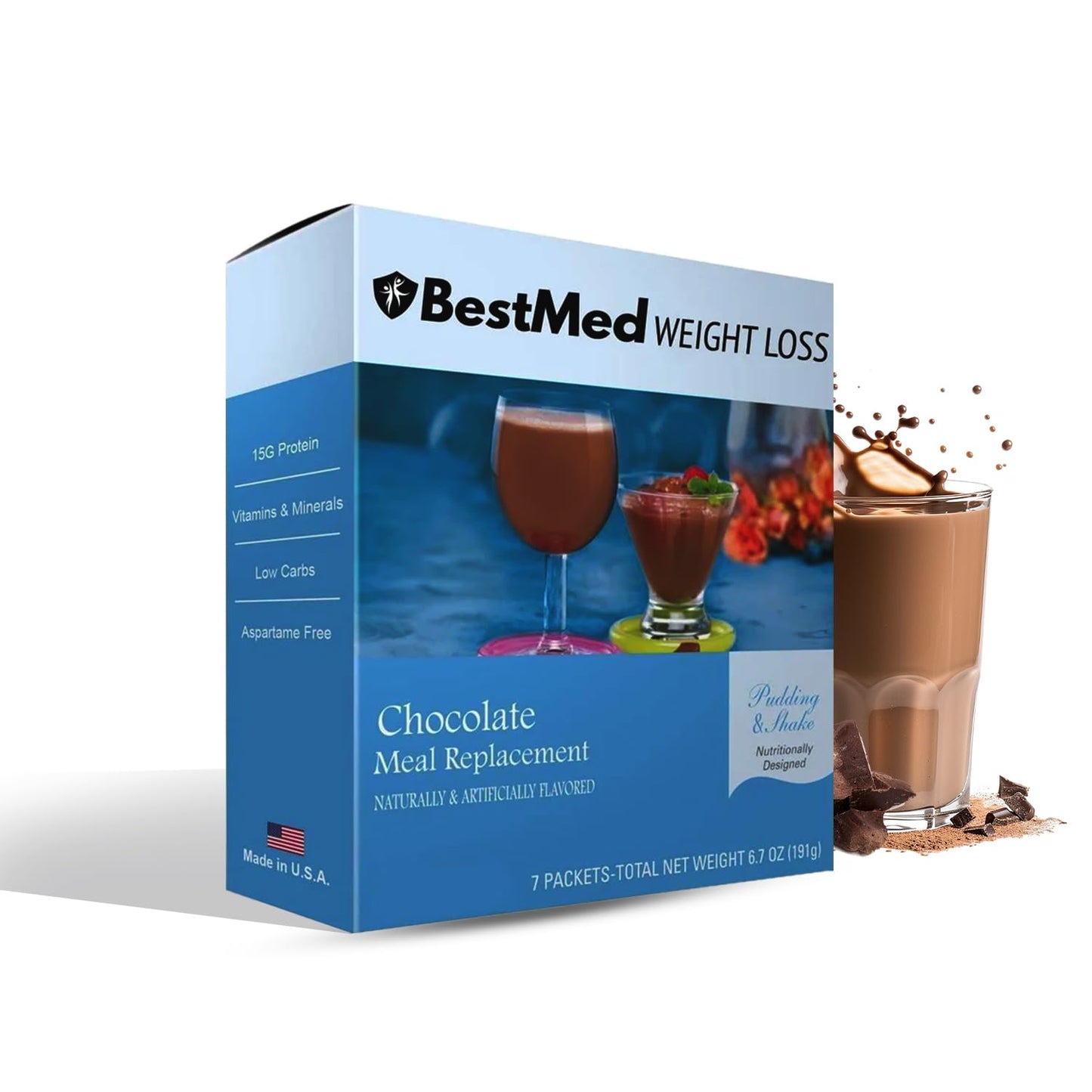 BestMed Chocolate Pudding & Shake Mix - Low Carb, Low Sugar, Low Calorie, Gluten Free, Keto Friendly Meal Replacement (7 Count)