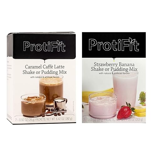 PROTIFIT - High Protein Caramel Caffe Latte & Strawberry Banana Pudding & Shake Mix 2 Pack, 15g Protein, Low Calorie, Low Fat, Low Carb, Aspartame