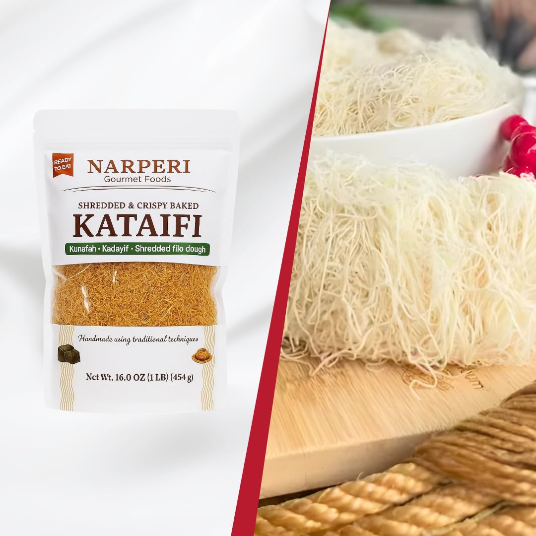 Narperi Gourmet Kataifi Shredded Filo Dough, 1 lb Crispy Kataifi Pastry, Vegan Ready-to-Eat, Traditional Middle Eastern & Turkish Dessert, Perfect