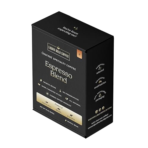Liquid Gold Espresso Gourmet Coffee, Whole Beans, Costa Rica, Brazil and Ethiopia Blend, 12oz Box (340g), 100% Arabica, Fair Trade, Small-Batch