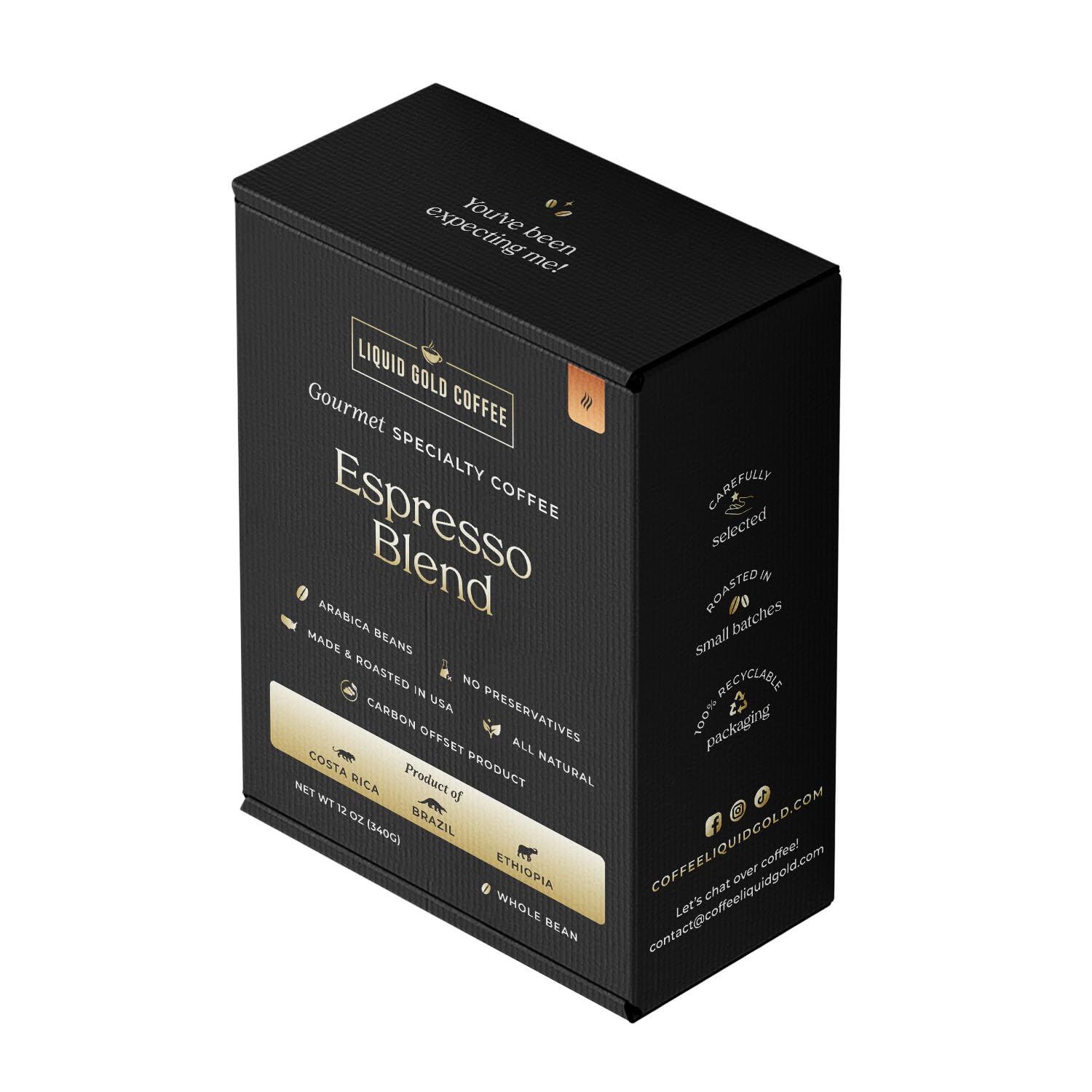Liquid Gold Espresso Gourmet Coffee, Whole Beans, Costa Rica, Brazil and Ethiopia Blend, 12oz Box (340g), 100% Arabica, Fair Trade, Small-Batch