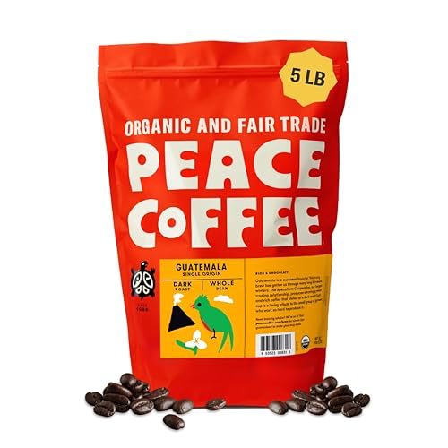 Peace Coffee Guatemala Single Origin Dark Roast Whole Bean Coffee, 5 lb, Organic Fair Trade, Smooth, Deep Flavor, Shade Grown, Fresh Roasted