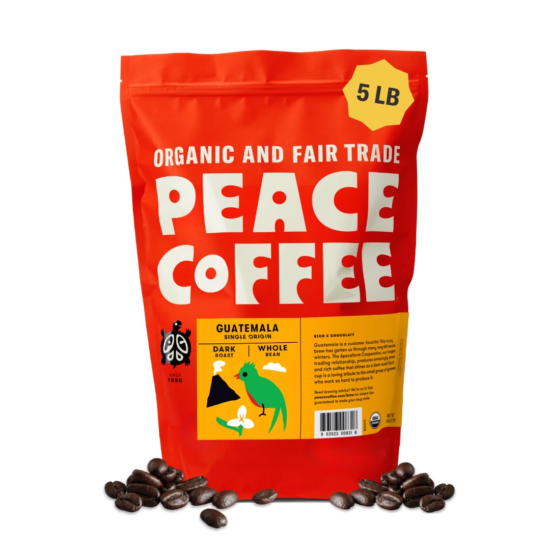 Peace Coffee Guatemala Single Origin Dark Roast Whole Bean Coffee, 5 lb, Organic Fair Trade, Smooth, Deep Flavor, Shade Grown, Fresh Roasted