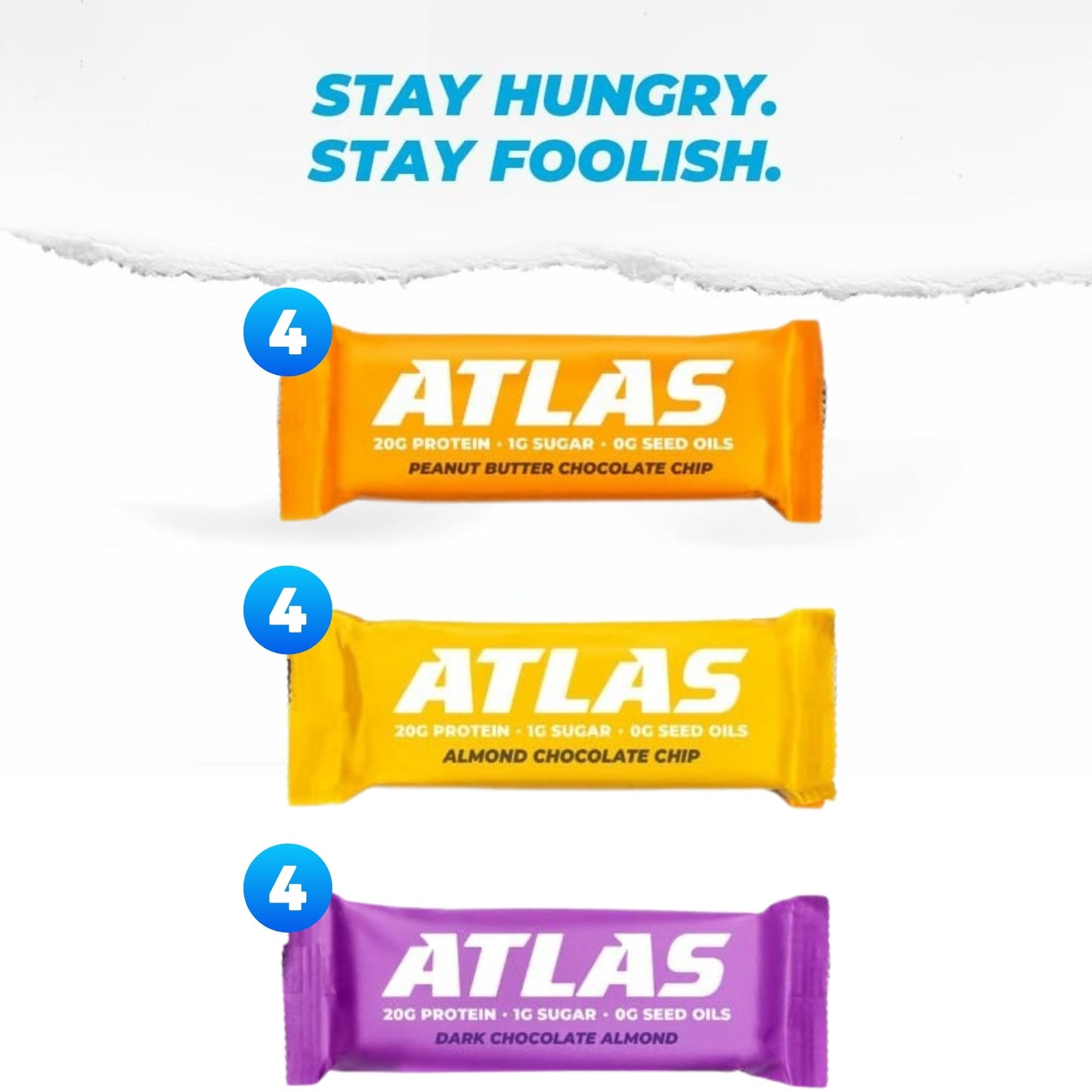 Atlas Protein Bar, 20g Protein, 1g Sugar, Clean Ingredients, Gluten Free Whey Variety, 36 Count