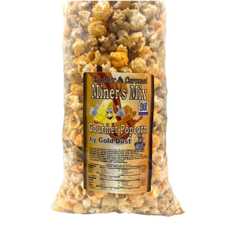 Gold Dust Kettle Corn | Miner’s Mix | Cheddar and Caramel Popcorn | Sweet and Salty | Cheese and Caramel Popcorn Mix | Popped Popcorn Snack Bag | Non