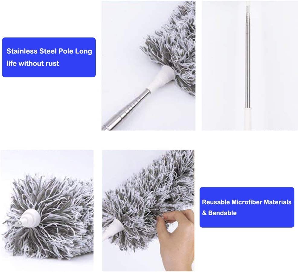 Lomida Microfiber Duster with Extension Pole(Stainless Steel), Extra Long 100 inches, with Bendable Head, Extendable Duster for Cleaning High Ceiling