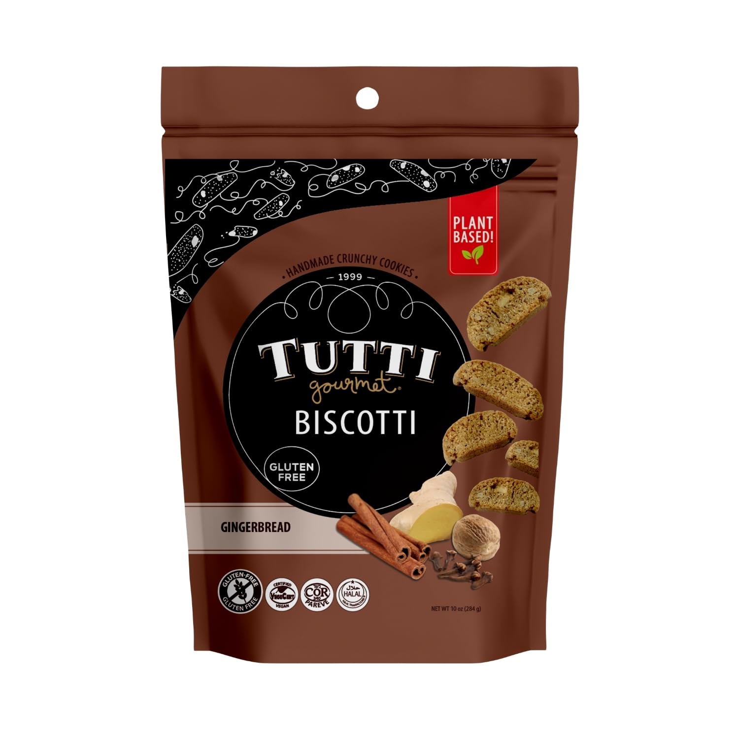Tutti Gourmet Gluten Free Gingerbread Biscotti, 9.9 oz (283g) Resealable Cookie Bag - Vegan and Halal Snacks