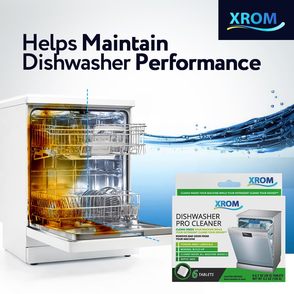 XROM Dishwasher Cleaner Tablets, Plant Based, Deep Clean and Descaler, Removes Odors & Hard Water Stains, 6 Treatments.