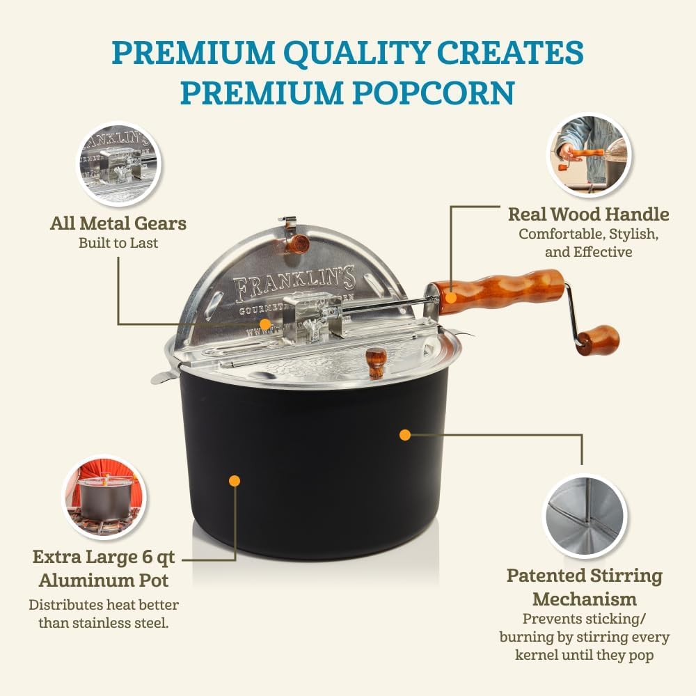 Franklin's Gourmet Popcorn - Movie Night Bundles - Stovepop Popcorn Maker, 28 oz Classic Popcorn Kernels, 19 oz Butter Flavored Salt, 30 oz Butter