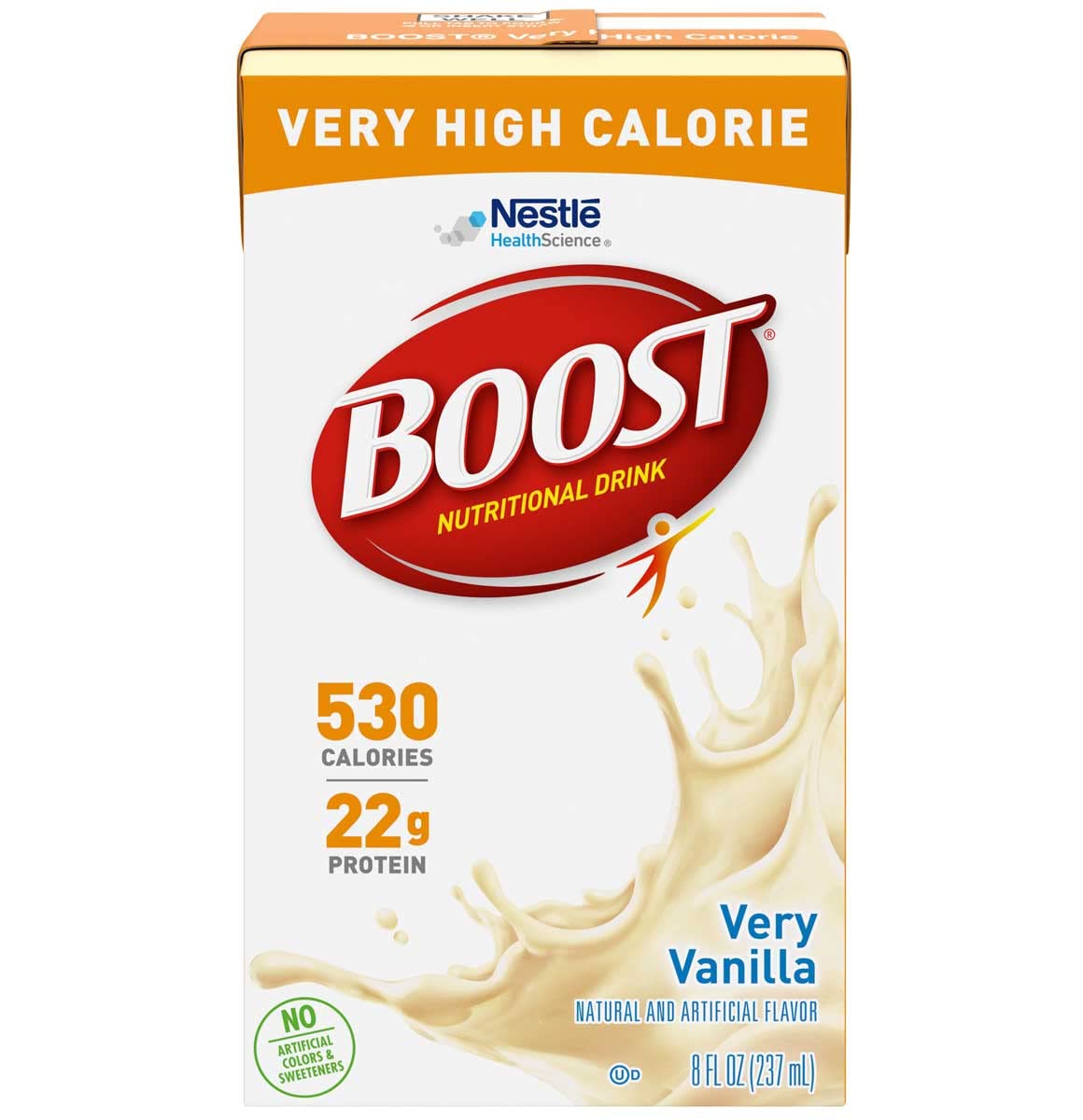 Boost Very High Calorie Nutritional Drink Very Vanilla, Made with Natural Vanilla Flavor & No Artificial Flavors, Colors & Sweeteners, 8 FL OZ (Pack