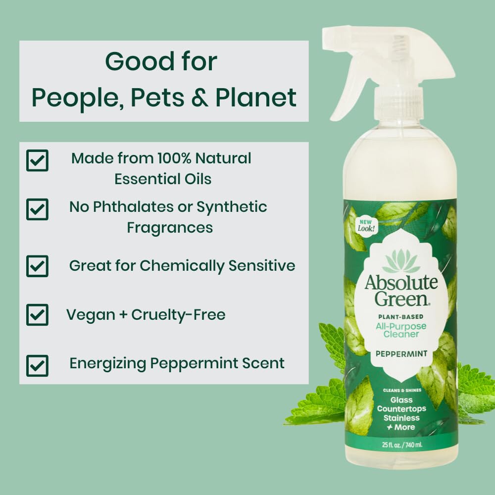 Absolute Green All Purpose Cleaner Spray, Non-Toxic, Kitchen, Bathroom, Countertop, Windows, Safe around Kids and Pets, Natural Peppermint Scent, 25