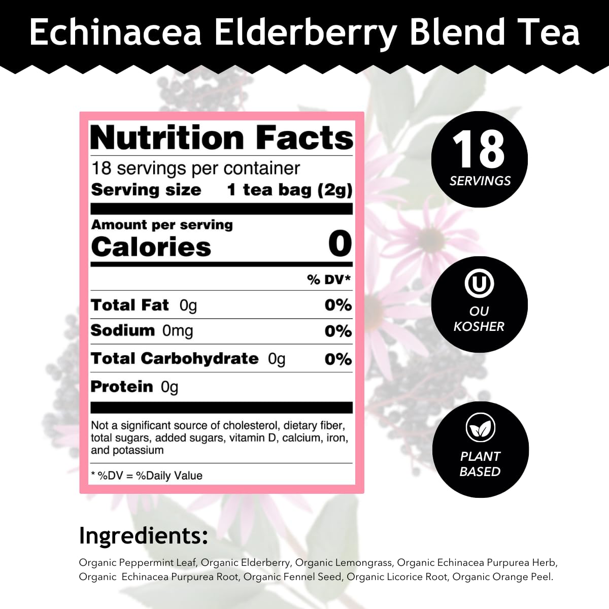 Buddha Teas - Organic Echinacea Elderberry Blend - Herbal Tea - For Health & Wellbeing - With Antioxidants & Minerals - Clean Ingredients - No