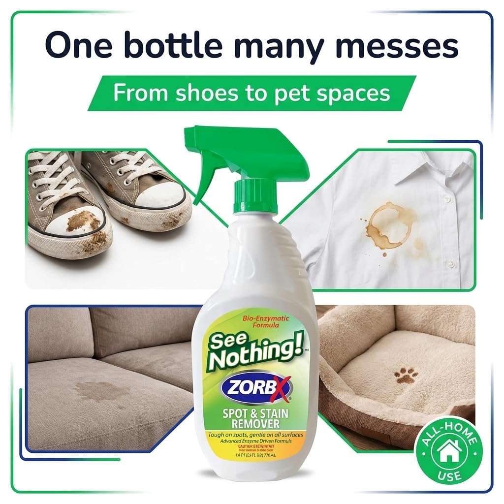 ZORBX See Nothing Spot & Stain Remover Spray (24 oz.) - All Purpose Cleaner for Shoes, Clothes, Furniture & Pet bedding - Fast-Acting Scrub-Free Odor