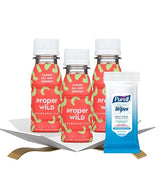 3x Proper Wild Shot Energy Strawberry Kiwi 2.5 FO Bundle with Hand Sanitizing Wipes - Clean Energy Shots with GreenTea Caffeine & L-Theanine for Focus