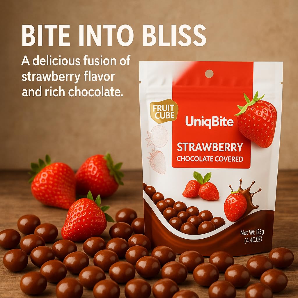 UNIQBITE Milk Chocolate Covered Strawberry Cubes, 4.4 oz (125g), Strawberry Dragee Candy, Resealable Bag