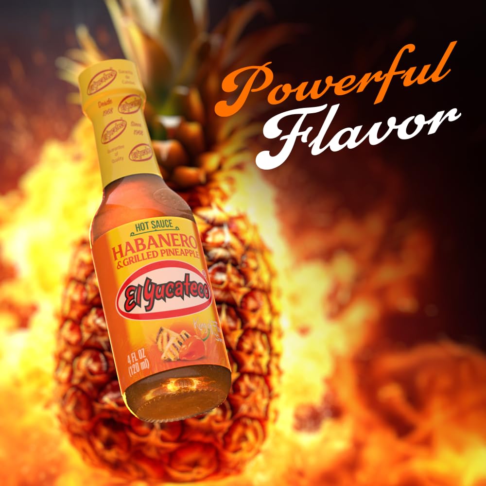 El Yucateco Habanero & Grilled Pineapple Hot Sauce, Sweet & Spicy Mexican Gourmet, Real Habanero Peppers, 2-Pack, 4 fl oz Bottles