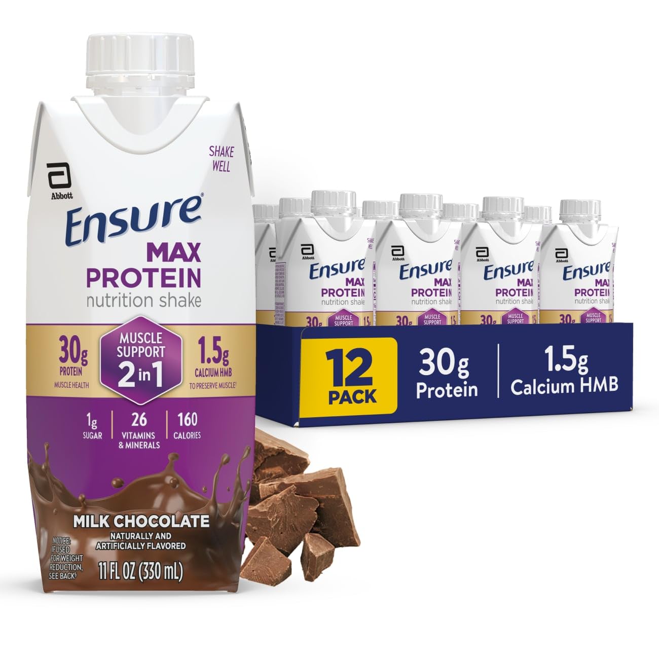 Ensure Max Protein Shake | 2-in-1 Muscle Support | 30g High Protein | HMB | 26 Vitamins & Minerals | Ready to Drink | Milk Chocolate | 11 fl oz, 12
