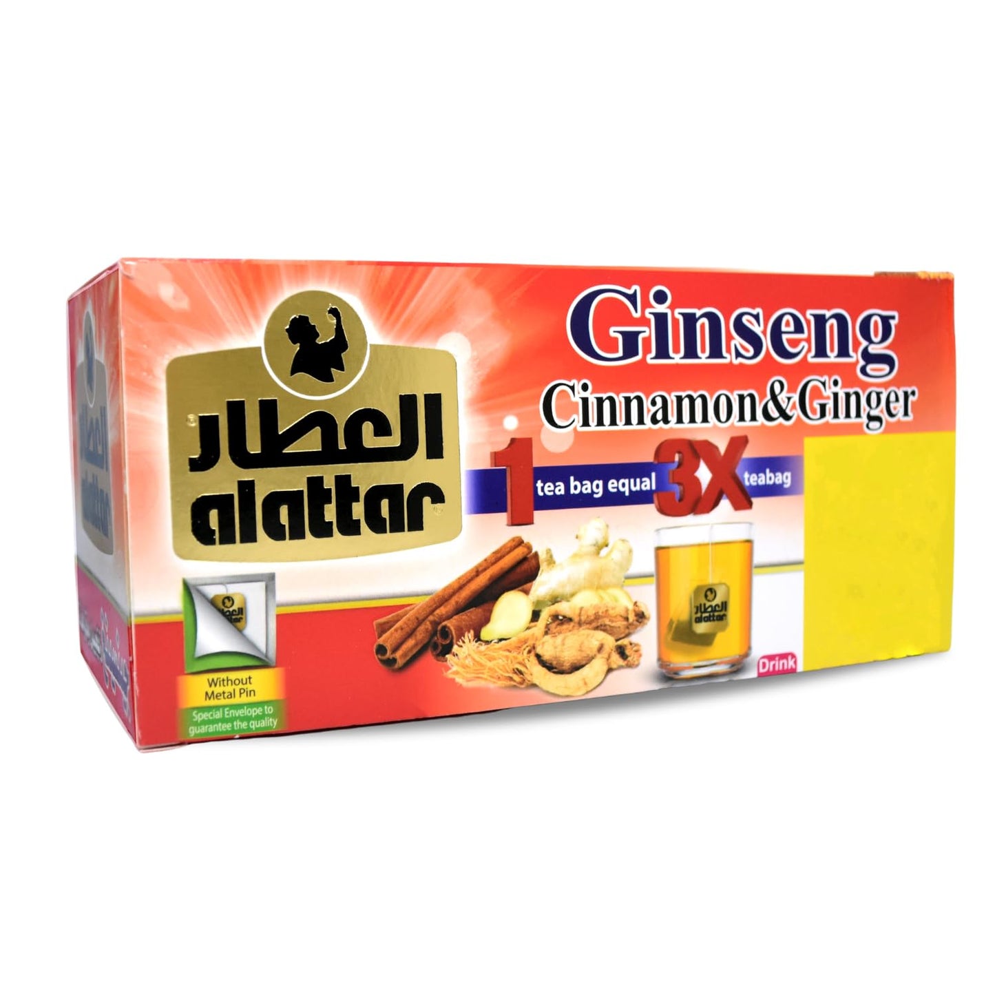 AlAttar Natural Drink Ginseng Cinnamon & Ginger Herbal Tea Bags Herb Herbs Non Gmo No Additives No Artificial Coloring Kosher Halal (20 Bag) ??????