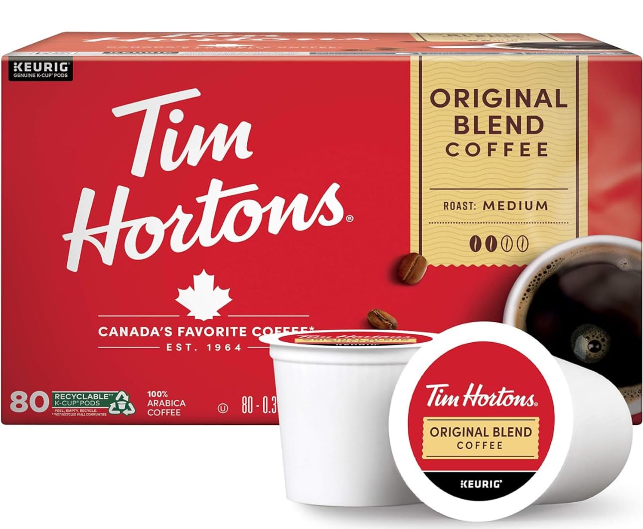 Tim Hortons Original Blend Medium Roast Coffee - 80 Single Serve K-Cup Pods for Keurig Brewers {Imported from Canada}