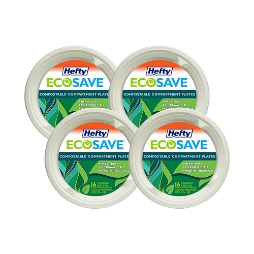 Hefty EcoSave Disposable Compartment Plates, Made from Plant Based Materials, Heavy Duty Paper Plates, 10 ? Inch, 16 Count (Pack of 4)
