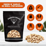 Presto Sales In Shell Pistachios Onion n' Garlic 16 oz. | Premium UMAMI taste, Allium family, Shallot relish, Flavored Pistachio Nuts | Healthy