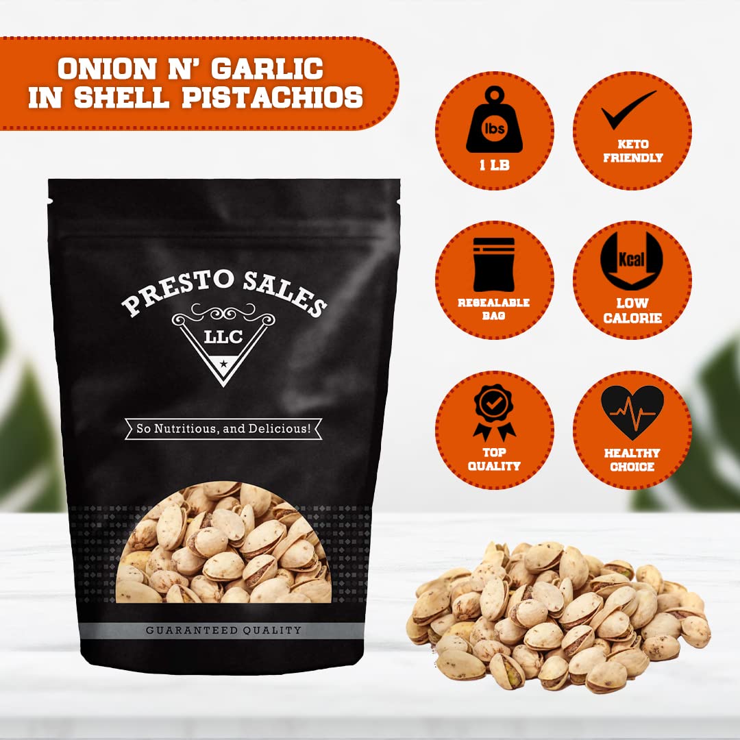 Presto Sales In Shell Pistachios Onion n' Garlic 16 oz. | Premium UMAMI taste, Allium family, Shallot relish, Flavored Pistachio Nuts | Healthy