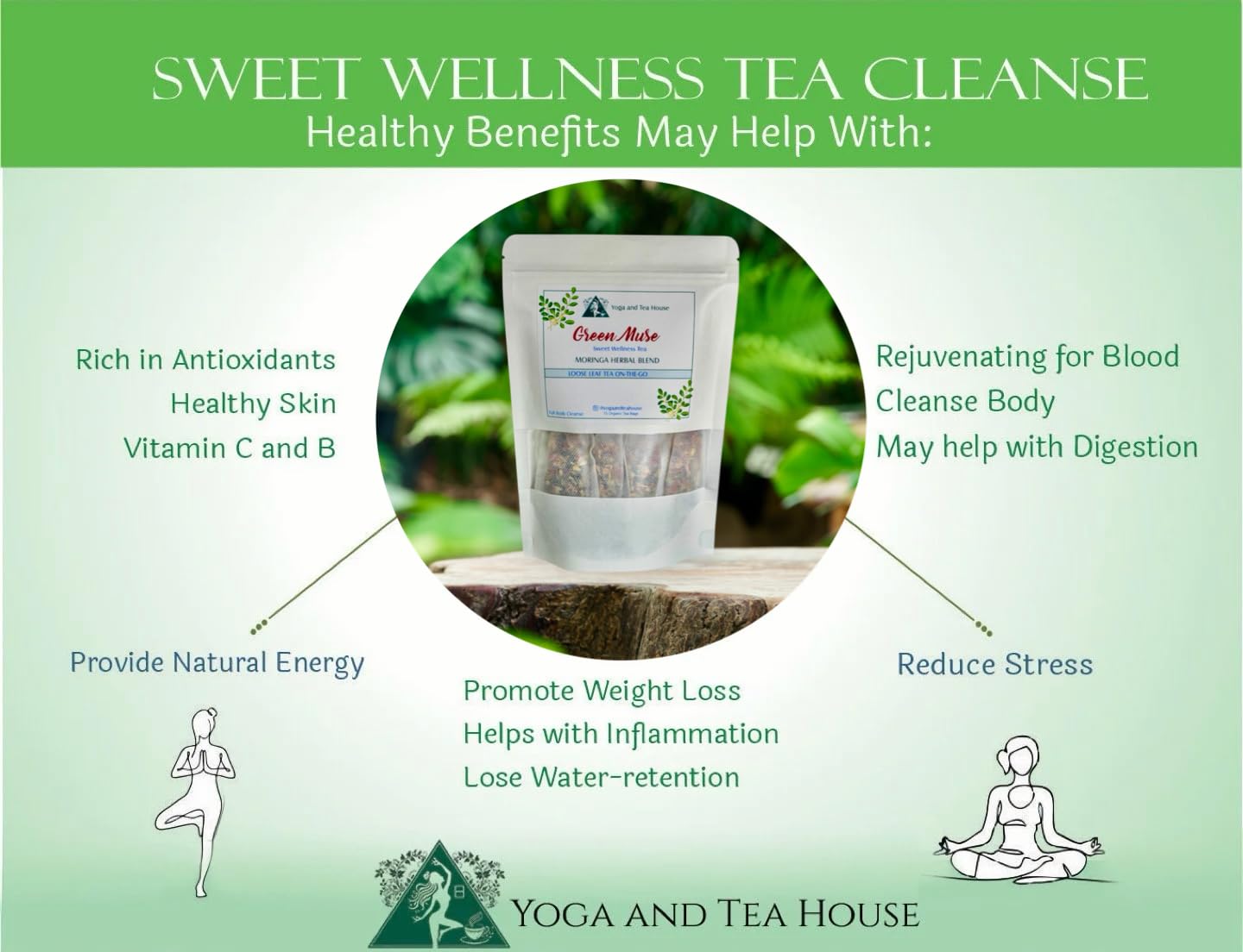 Moringa Tea Herbal Blend, Loose Leaf Tea, Full Body Cleanse, Green Muse Sweet Wellness Tea, 15 Organic Tea Bags, Yoga and Tea House