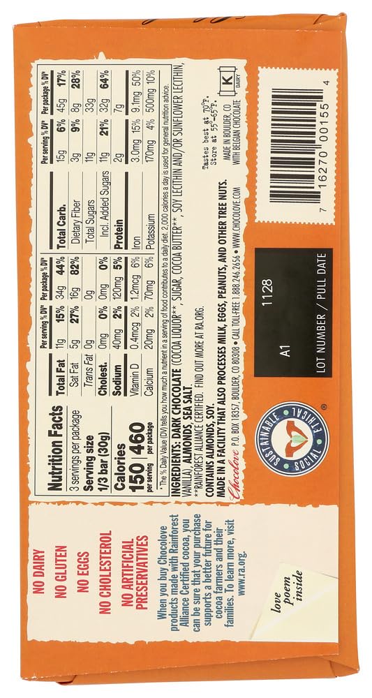 Chocolove Almonds and Sea Salt in Dark Chocolate 3.2 oz each (3 Items Per Order)