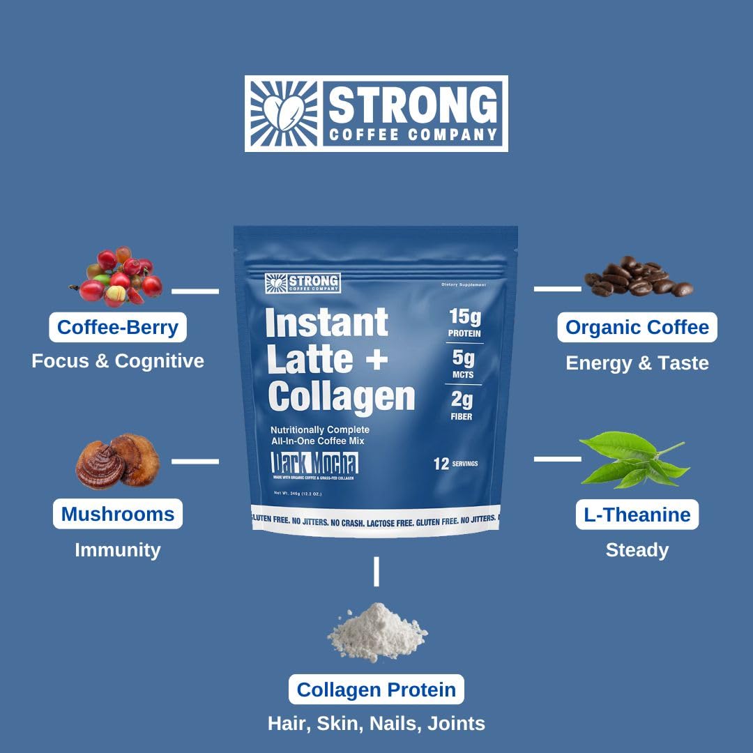 STRONG Coffee Co. Dark Mocha Instant Latte | Organic Coffee with Collagen Protein | Lion’s Mane & L-Theanine | Adaptogens & Nootropics | 15 Servings