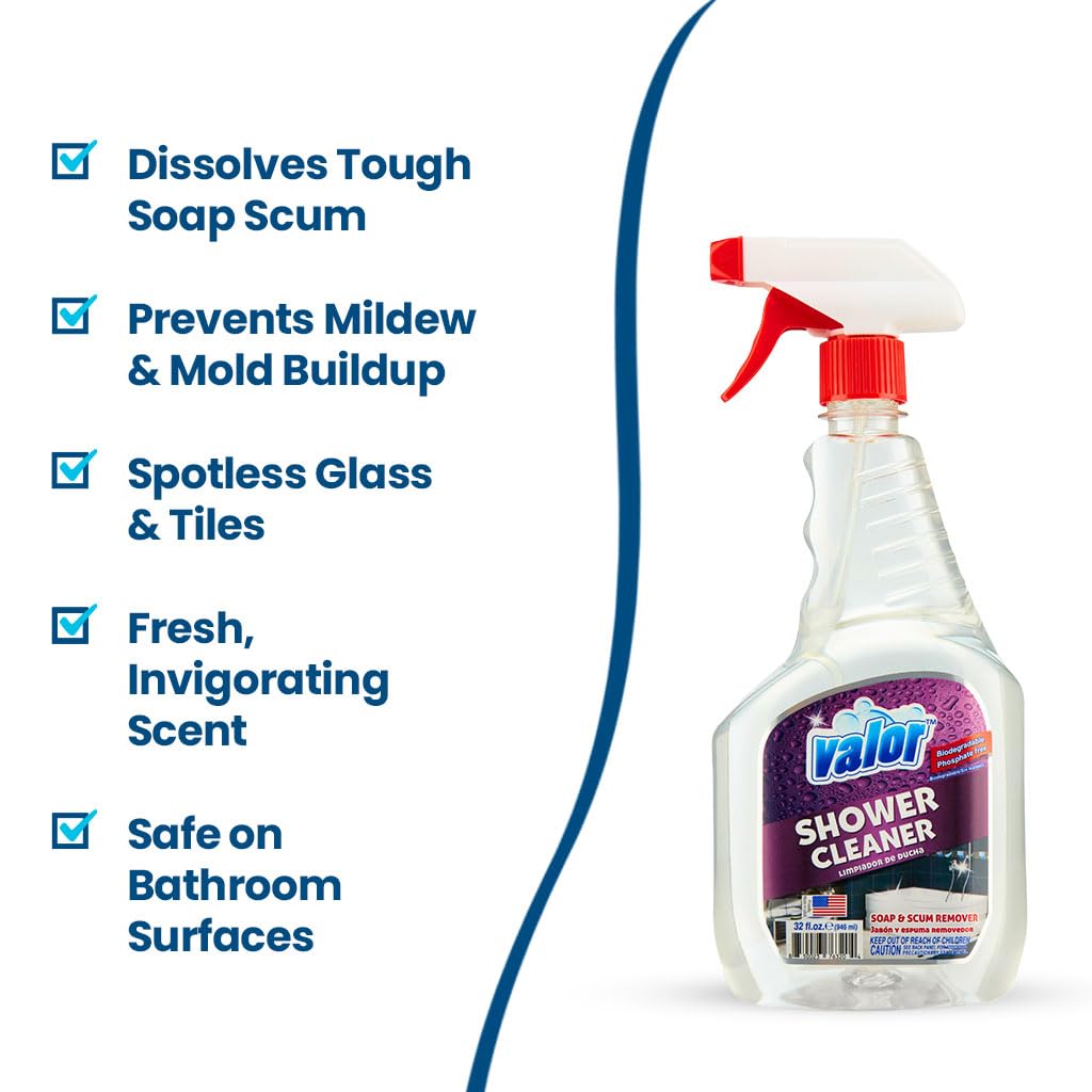 Valor Shower Cleaner Spray - Soap Scum & Hard Water Stain Cleaning Solution for Bathroom, Tub & Tile, (32 Fl Oz (Pack of 1))