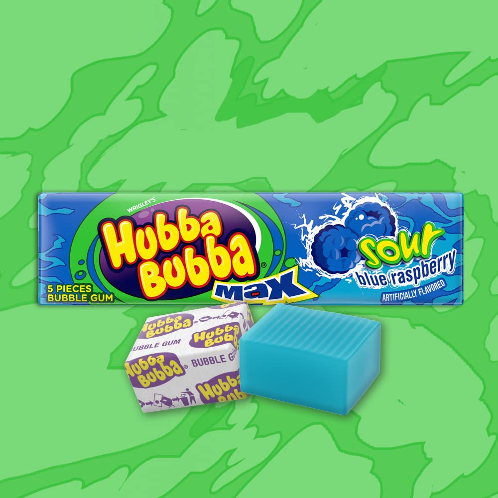 HUBBA BUBBA Bubble Gum, Sour Blue Raspberry, Chewing Gum Bulk, Sour Candy - 5 Pieces, Pack of 18