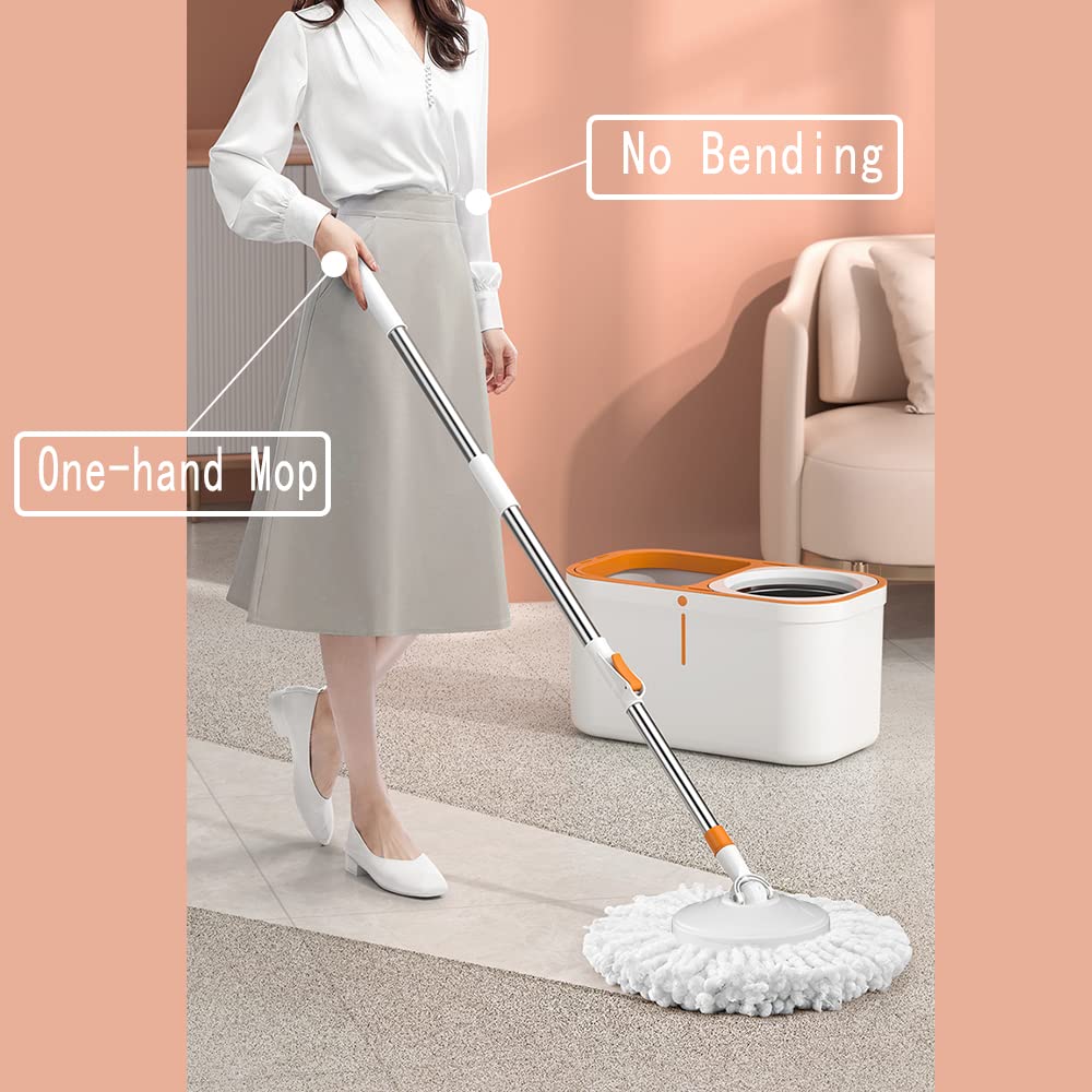 Floor Spin Mop and Bucket Set with Wringer System Extended Stainless Steel Handle 61?for Home Floor Cleaning Use with 5 Replacement Head Refill and 1
