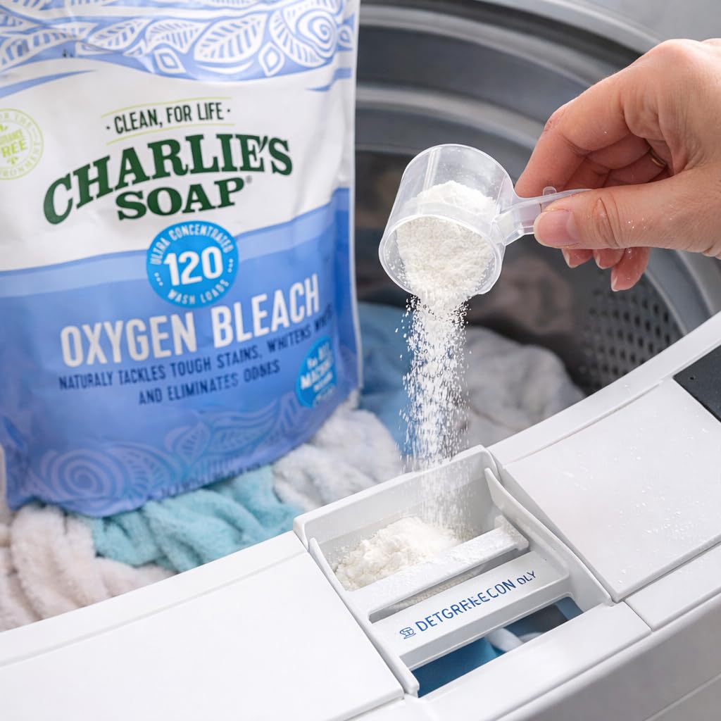 Charlie’s Soap Oxygen Bleach Powder for Laundry & Household Cleaning, Color-Safe & Chlorine-Free Stain Remover, 4 lb Bags (120 Loads Each), 2 Pack
