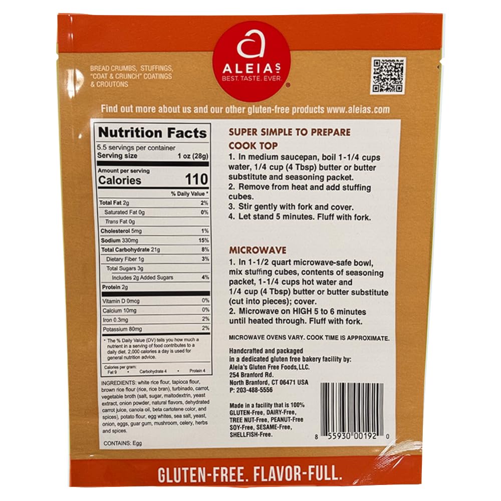 Aleia’s Gluten Free Cook Top Stuffing Mix - Seasoned Vegetable, 5.5oz (2 Pack) - Ready in 5 Minutes - Flavorful Stuffing for Gluten-Free Recipes