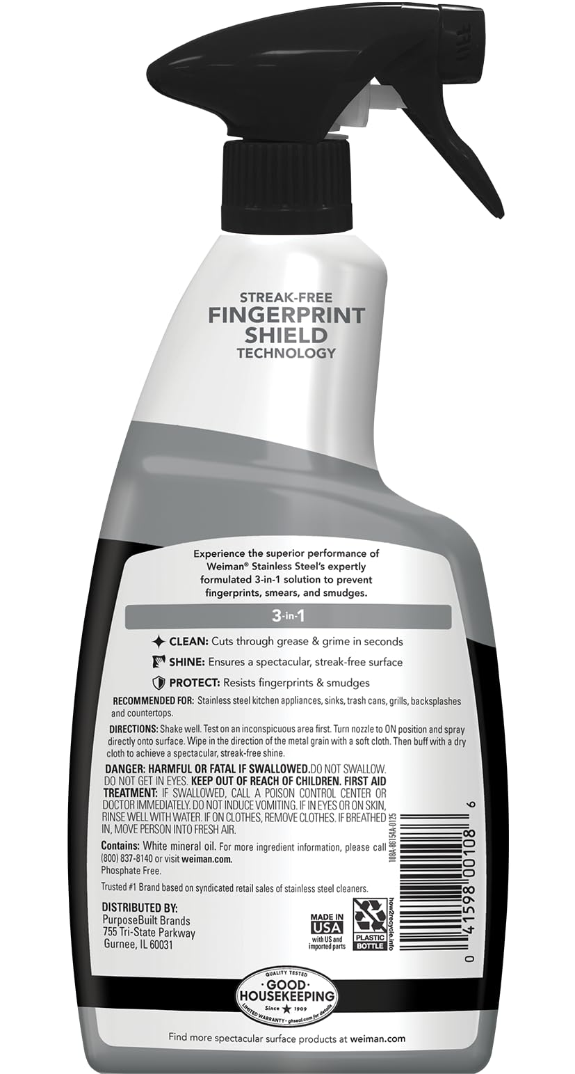 Weiman Stainless Steel Cleaner & Polish, Anti Fingerprint Spray Stainless Steel Cloth, Water Spots & Grease, No Streaks or Residue, Safe for Metal
