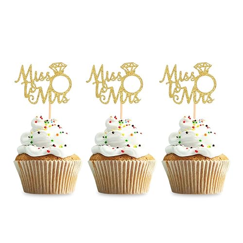 36PCS Glitter Gold Miss to Mrs Cupcake Toppers Ring Cupcake Picks for Proposal Party Bridal Shower Engagement Newly Married Happy Wedding Party