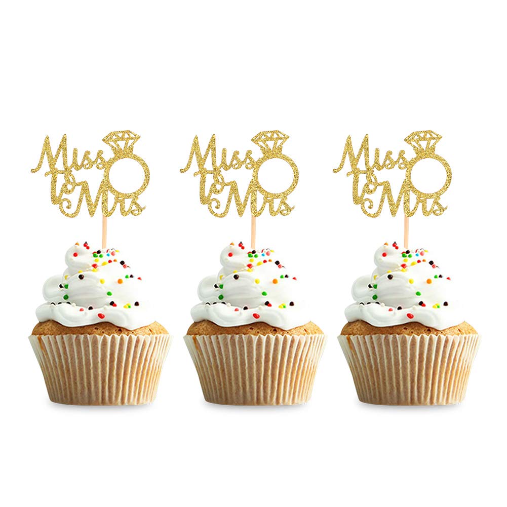 36PCS Glitter Gold Miss to Mrs Cupcake Toppers Ring Cupcake Picks for Proposal Party Bridal Shower Engagement Newly Married Happy Wedding Party
