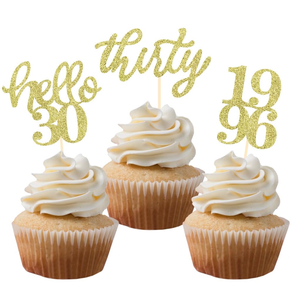 24 Pcs Gold Glitter 30th Birthday Cupcake Toppers for 30th Anniversary Birthday Party Wedding Party Decorations