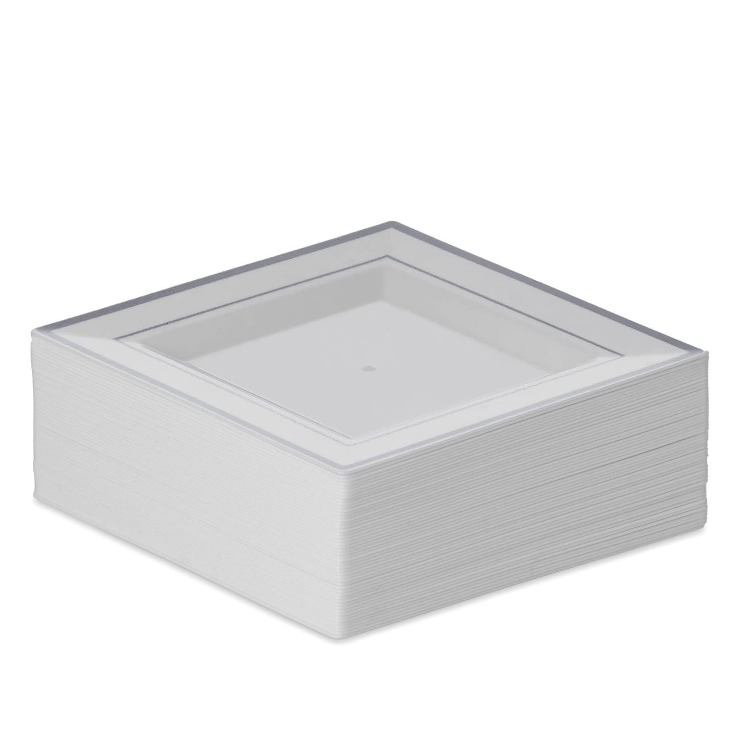 BloominGoods Plastic Disposable Square Dessert Plates | 50-Pack 6.5 inches White with Silver Rim Square Plates | Ideal for Weddings, Parties, Catering
