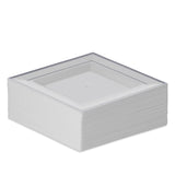 BloominGoods Plastic Disposable Square Dessert Plates | 50-Pack 6.5 inches White with Silver Rim Square Plates | Ideal for Weddings, Parties, Catering