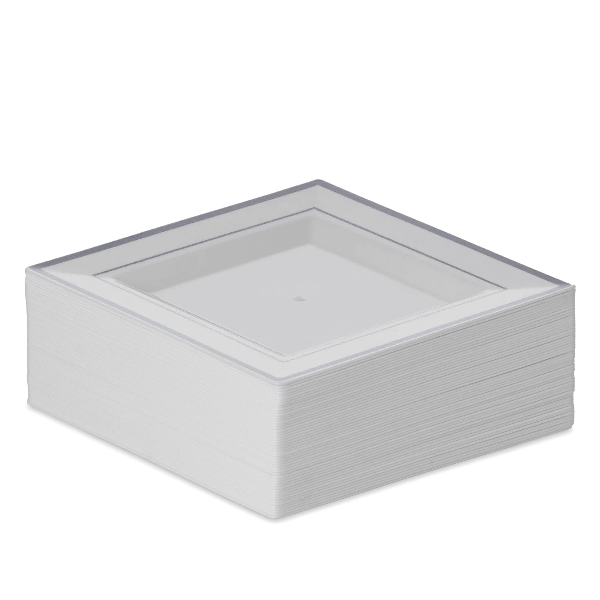 BloominGoods Plastic Disposable Square Dessert Plates | 50-Pack 6.5 inches White with Silver Rim Square Plates | Ideal for Weddings, Parties, Catering