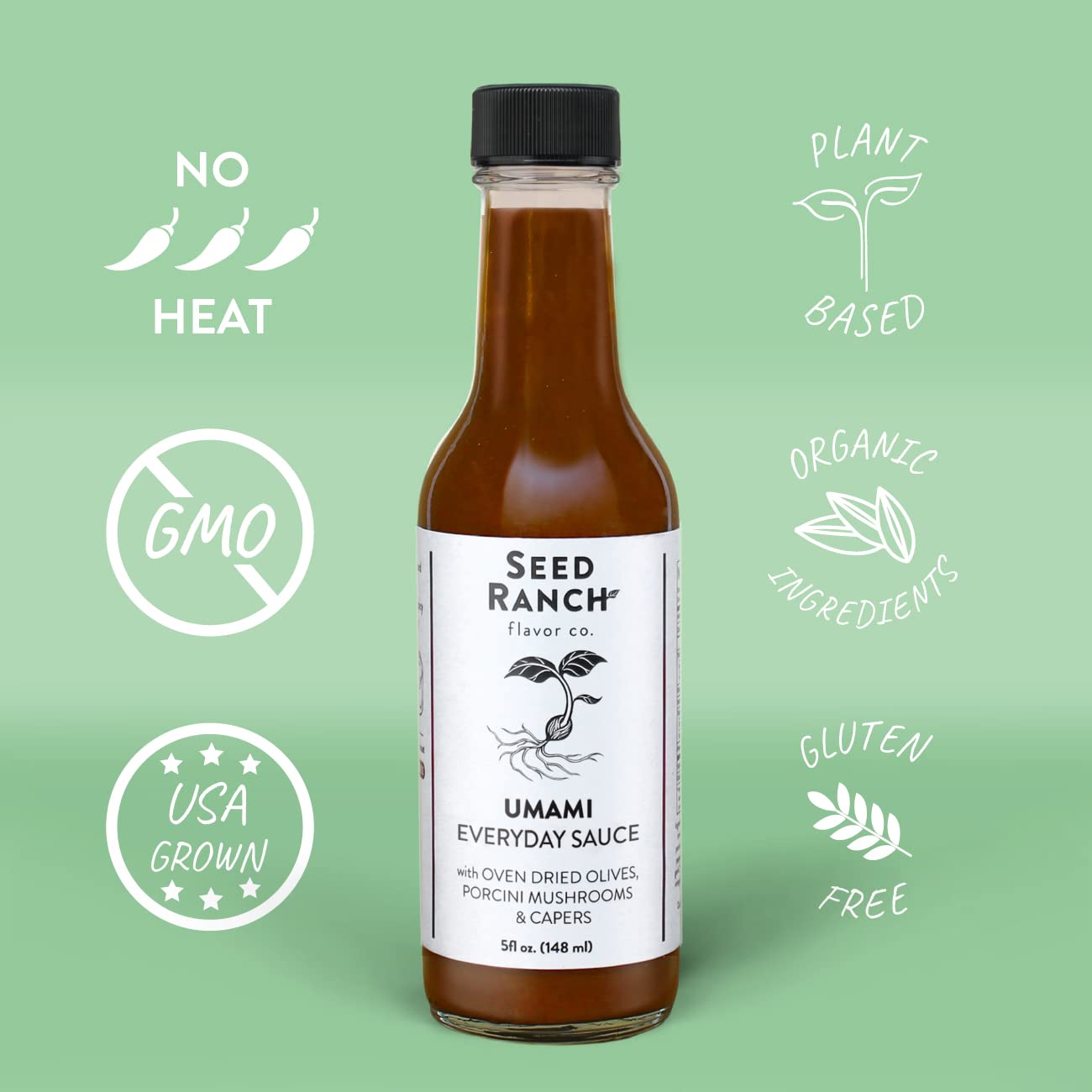 Seed Ranch Umami Everyday Hot Sauce, 5 Fl. oz. - Mild Heat Flavor - Oven Dried Olives, Porcini Mushrooms & Capers - Vegan, Non-GMO, Gluten-Free
